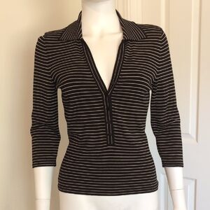 I•N•C International Concepts Black Tan Stripes V-neck ¾ Sleeve Knit Top SzM EUC